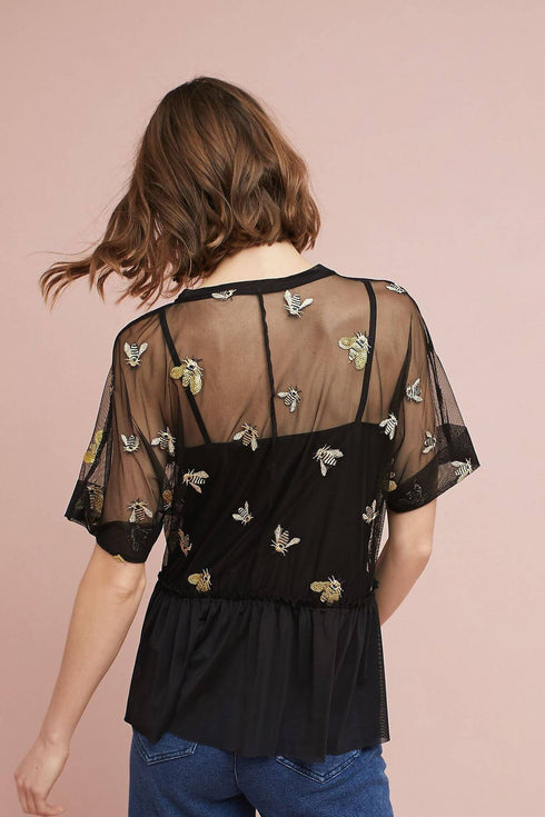 Bee Embroidered Peplum Top
